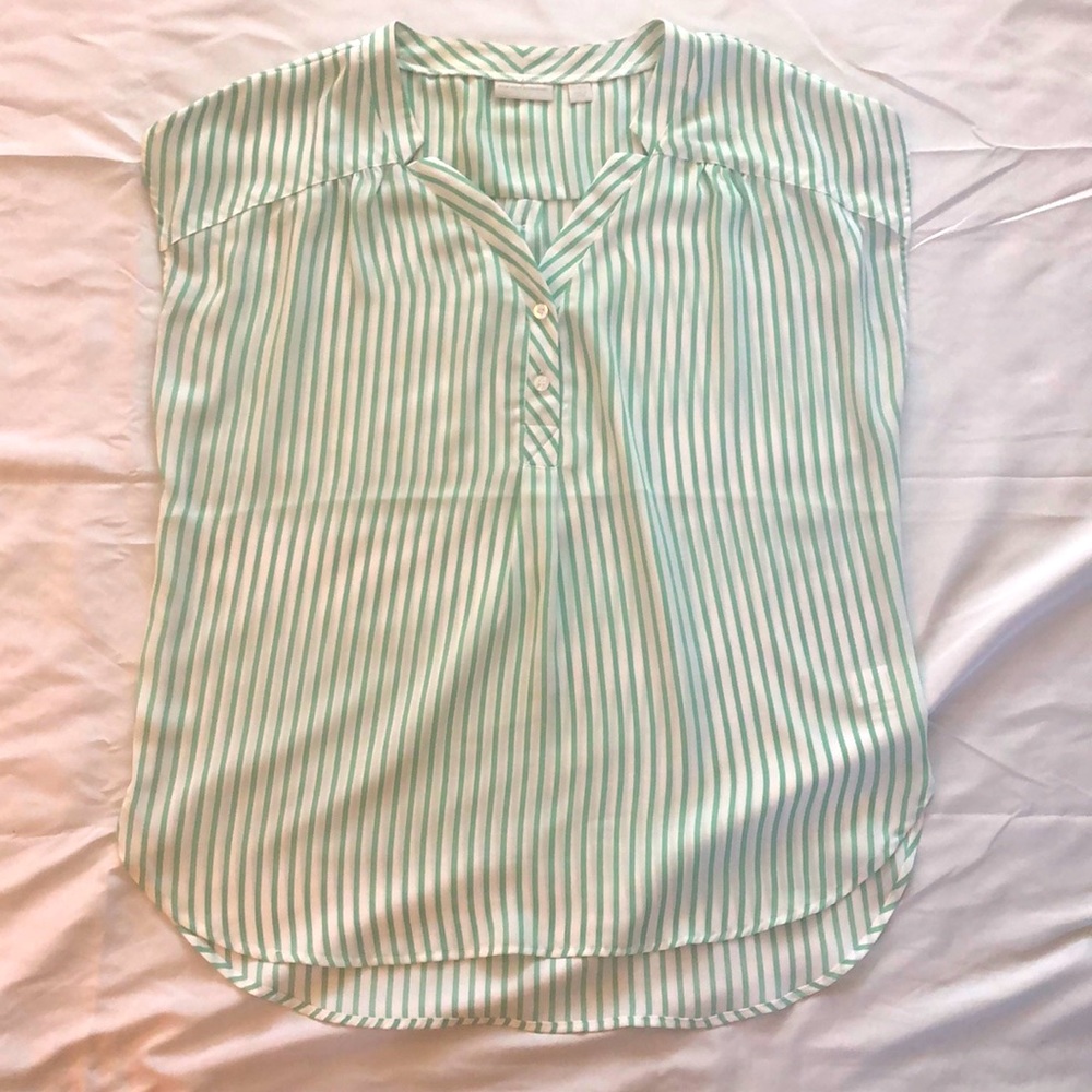 New York & Company Cap Sleeve Stripe Blouse—Green and White—Large